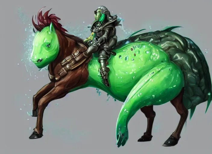 Image similar to concept art of anthropomorphic horse owith a slime parasite, carrying a saddle bag, digital art, photo realistic, highly detailed