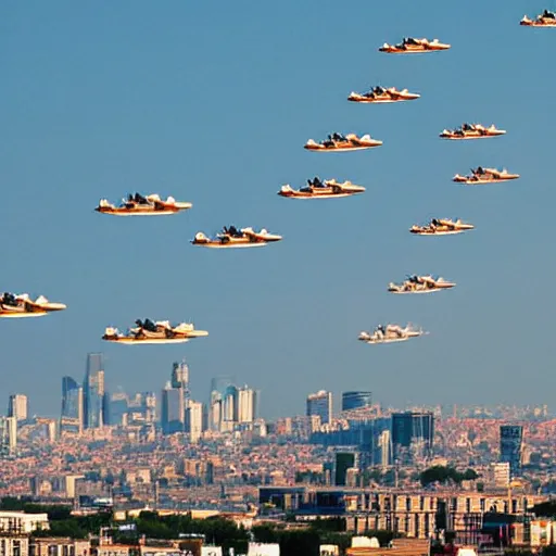 Image similar to fighter jets flying through a city