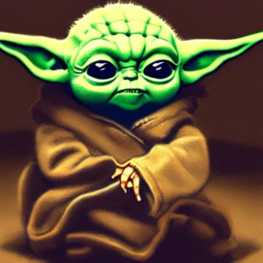 Image similar to illustration sticker baby yoda sitting, by masamune shirow and greg rutkowski, character art, sharp focus, highly detailed, artstation