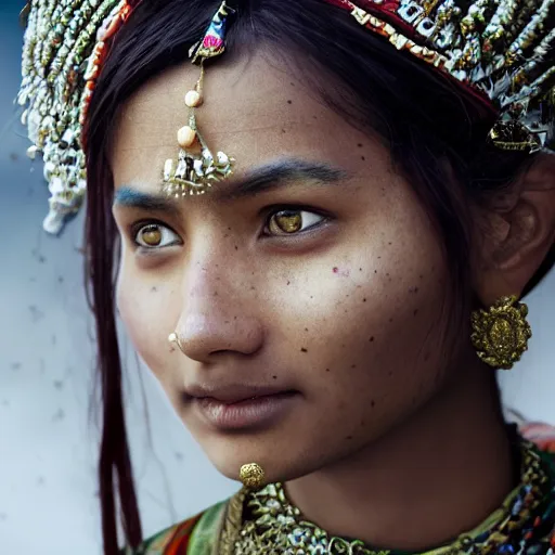 Prompt: portrait of a stunningly beautiful himalayan tribal female, depth of field, zeiss lens, detailed, symmetrical, centered, fashion photoshoot, by Annie Leibovitz and Steve McCurry, David Lazar, Jimmy Nelsson, Breathtaking, 8k resolution, extremely detailed, beautiful, establishing shot, artistic, hyperrealistic, beautiful face, octane render