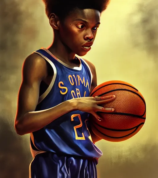 Prompt: portrait of a boy at a basketball court playing basketball wearing a basketball jersey in a basketball court standing near the basketball hoop, intense emotion, (detailed facial expression), detailed surroundings, intricate, elegant, highly detailed, centered, digital painting, artstation, concept art, smooth, sharp focus, illustration, by (Peter Mohrbacher), WLOP