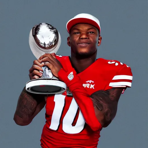 Image similar to a portrait of Lamar Jackson holding Lombardi Trophy, detailed and realistic face, 8k