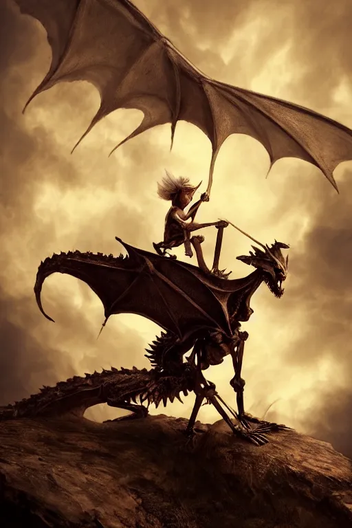 Prompt: A small tiny fairy, riding the skeleton of a dragon, dramatic lighting, cinematic, establishing shot, extremely high detail, foto realistic, cinematic lighting, post processed, concept art, high details, cinematic, 8k resolution, beautiful detailed, photorealistic, digital painting, artstation, concept art, smooth, sharp focus, artstation trending, octane render, unreal engine