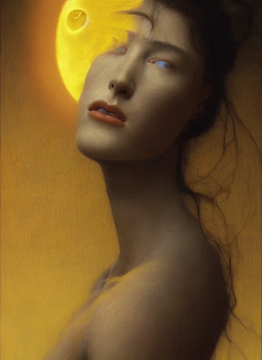 Prompt: Woman masterpiece, beautiful eyes, yellow, golden halo behind her head, wires everywhere, by Edgar Maxence and Ross Tran, Zdzisław Beksiński, and Michael Whelan, distant, gustav dore, H.R. Giger, 8k, octane render