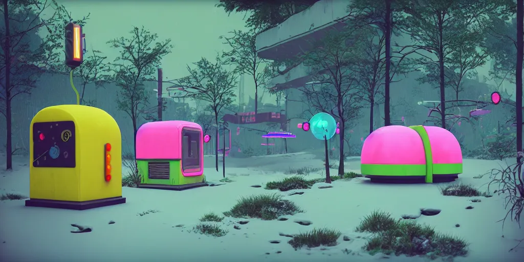 Image similar to 80s outdoor retro arcade, 80s color scheme, retro, pastel colors, desolate, lush vegetation, snow, moody:: by Simon Stålenhag and beeple and James Gilleard and Justin Gerard :: ornate, dynamic, particulate, intricate, elegant, highly detailed, centered, artstation, smooth, sharp focus, octane render, 3d