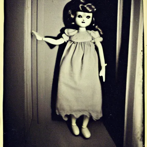 Prompt: creepy vintage doll in darkly lit hallway photo kodak brownie photo