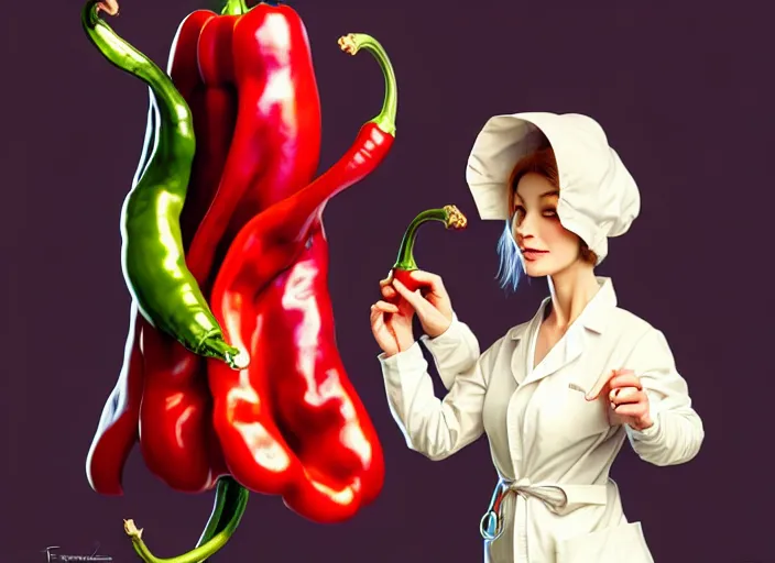 Image similar to a anthropomorphic pepper wearing a lab coat, diffuse lighting, fantasy, intricate, elegant, highly detailed, lifelike, photorealistic, digital painting, artstation, illustration, concept art, smooth, sharp focus, art by frank frazetta and marco bucci and loish and rossdraws and artgerm and alphonse mucha