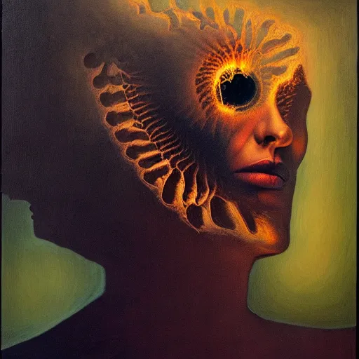 Image similar to dramatic portrait painting of woman with black mandelbrot fractal instead of face, in style of zdzisław beksinski, horror, body horror, dark, disturbing,