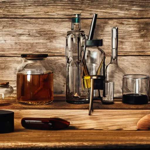 Prompt: alchemy laboratory on wooden table