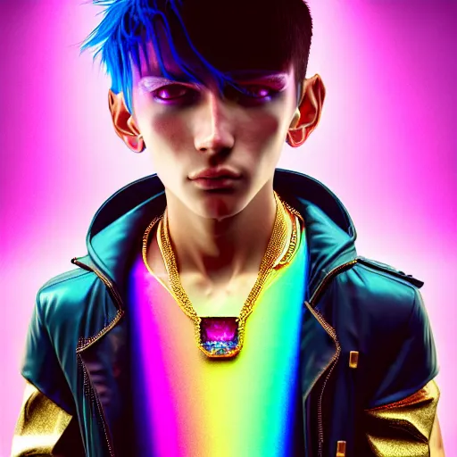 Image similar to hyperdetailed portrait of a cyberpunk european boy with brown hair made of iridescent metals and shiny pink gems, bright rainbow nimbus, gold necklace, gold background inspired by ross tran and masamune shirow and kuvshinov, intricate, photorealistic, octane render, rtx, hdr, unreal engine, dnd digital art by artgerm