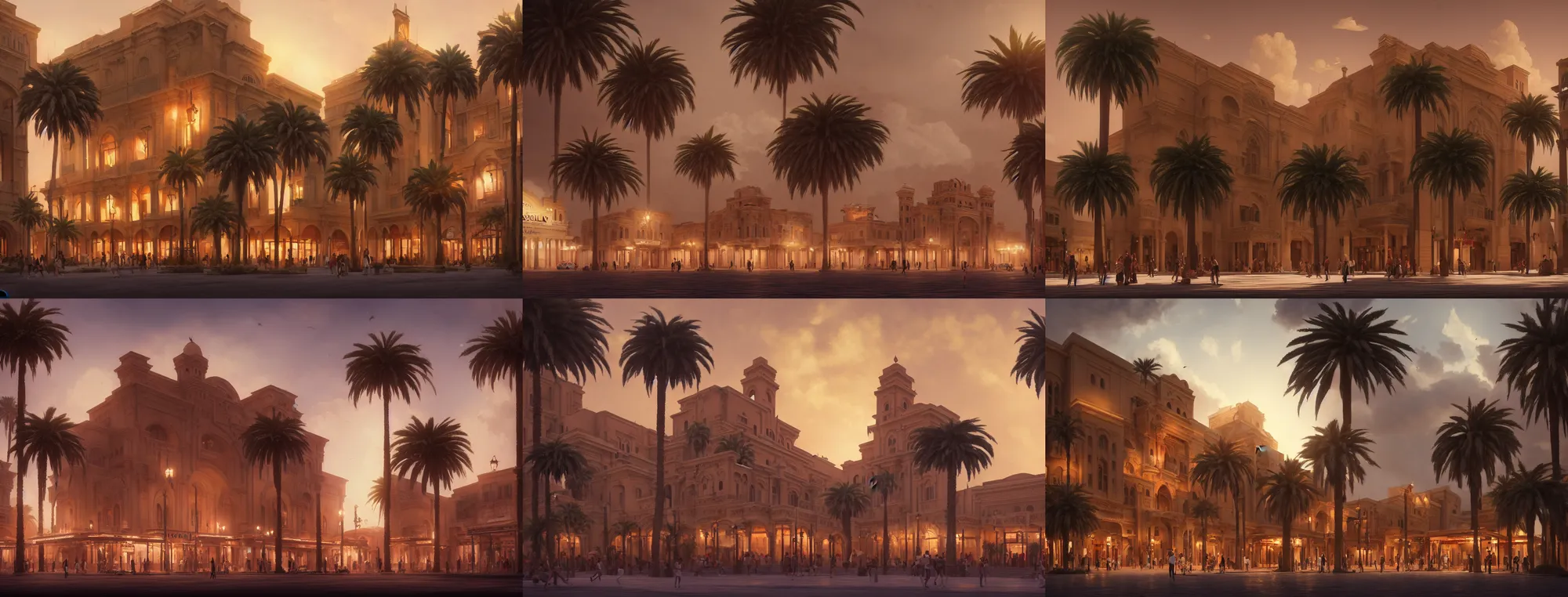 Prompt: beautiful cinematic concept art depicting the khedival opera house in talaat harb square, cairo, by wadim kashin and studio ghibli, dramatic clouds, lush date palm trees, evening, atmospheric, ambient light, octane render, artstation