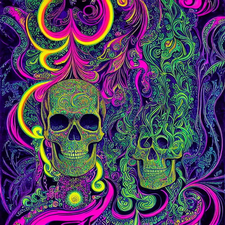 Prompt: psychedelic skull infinite fractal worlds bright neon colors highly detailed cinematic eyvind earle tim white philippe druillet roger dean lisa frank aubrey beardsley