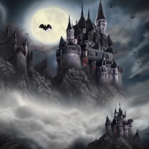 Image similar to Draculas Castle, Moon, Clouds, bats, Mountainside, Night, Artstation, Award Winning masterpiece, very detailed