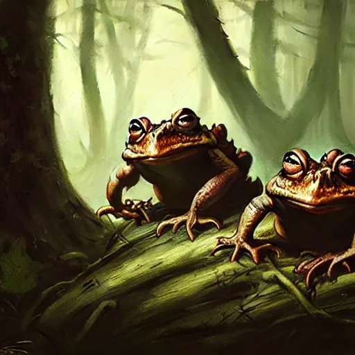 Image similar to evil toads in the forest, highly detailed, realistic, greg rutkowski