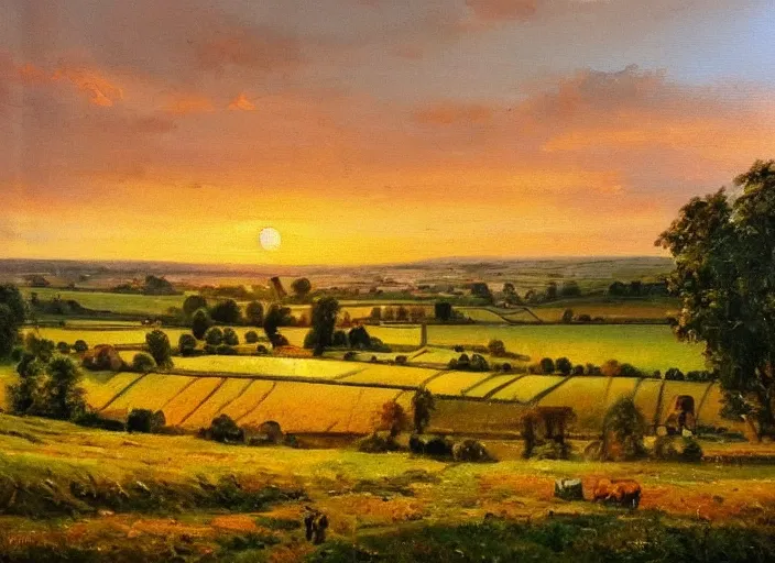 Image similar to beautiful oil landscape painting of an old quaint English village in the countryside, fields, sunset, ambient light, high detail