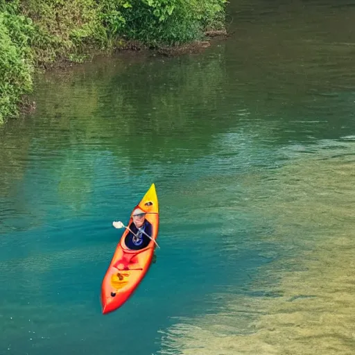 Prompt: A guinea pig paddling a kayak on a calm river