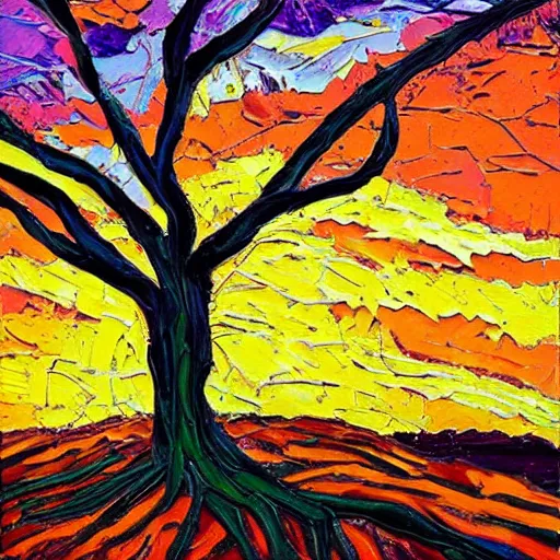 Prompt: a highly detailed painting of a tree in the sunset, an acrylic! impasto! painting by Erin Hanson, deviantart, behance contest winner, art on instagram, impressionism, rich color palette, pastel colors, vivid colors