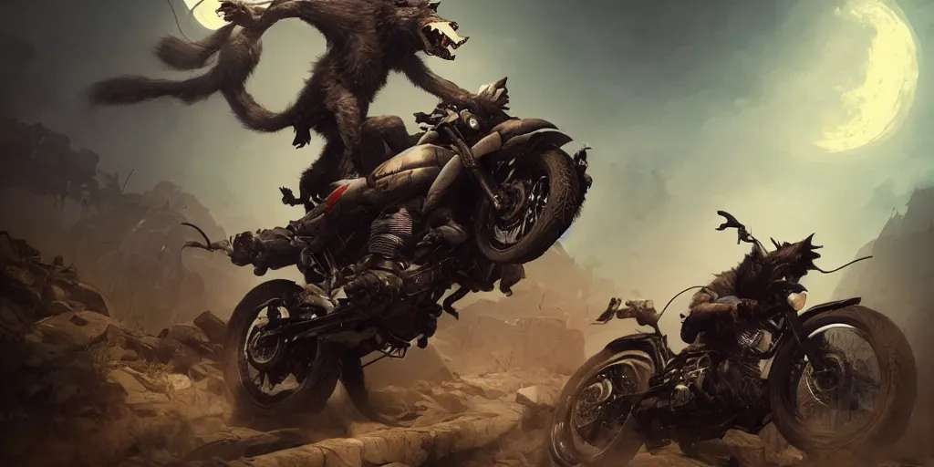 Prompt: Crazy werewolf riding a motorbike, level design, Greg Rutkowski, artstation, CGSociety, Unreal Engine, matte paiting, ultra realistic, award winning, artstation, unreal render