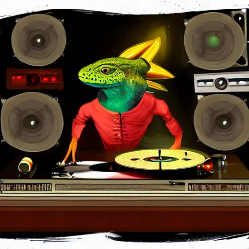 Prompt: a lizard dj, digital art, artstation, playing records