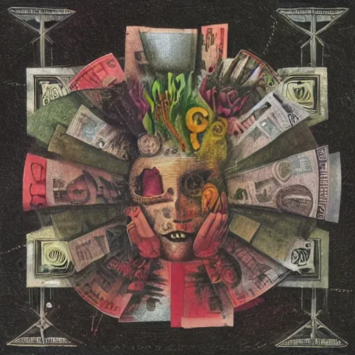 Image similar to post - punk new age album cover, asymmetrical design, dollar bank notes, capitalism, magic, apocalypse, psychedelic, black white pink, magic, giger h. r., giuseppe arcimboldo