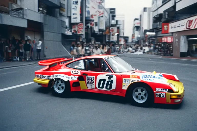 Prompt: single racecar 1 9 8 8 9 1 1, movie still, vintage footage on tokyo streets, volumetric lighting, f 8 aperture, cinematic eastman 5 3 8 4 film