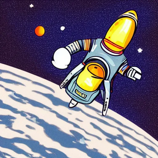 Prompt: An astronaut in space riding on a rocket, in the style of ivan rabuzin