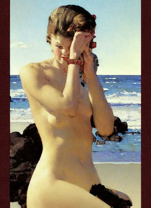 Image similar to illustration upper body and head portrait of elegant woman in the beach, by norman rockwell, roberto ferri, daniel gerhartz, edd cartier, jack kirby, howard v brown, ruan jia, tom lovell, frank r paul, jacob collins, dean cornwell, pulp 5 0 s scifi