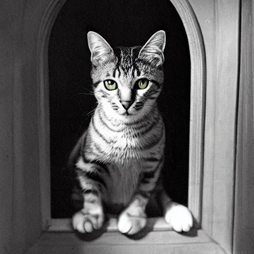 Prompt: A portrait of a tabby cat as a young man, by Cecil Beaton, silver gelatin print,