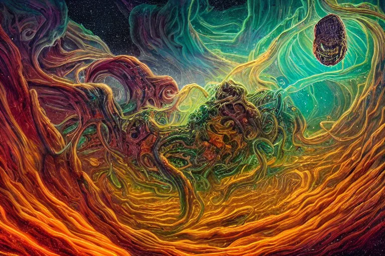 Image similar to a giant skull and flesh creature with deep and intricate rune carvings and twisting lovecraftian tentacles emerging from a space nebula by dan mumford, twirling smoke trails, a twisting vortex of dying galaxies, collapsing stars, digital art, photorealistic, vivid colors, highly detailed, intricate