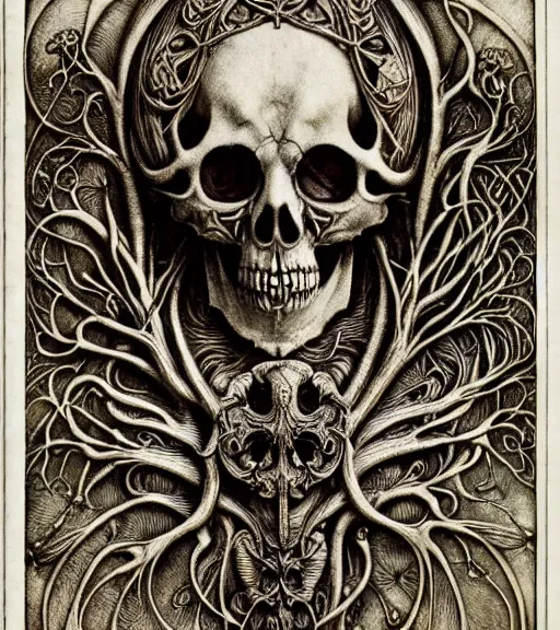 Image similar to memento mori by arthur rackham, art forms of nature by ernst haeckel, exquisitely detailed, art nouveau, gothic, ornately carved beautiful skull dominant, intricately carved antique bone, art nouveau botanicals, ornamental bone carvings, art forms of nature by ernst haeckel, horizontal symmetry, arthur rackham, ernst haeckel, symbolist, visionary