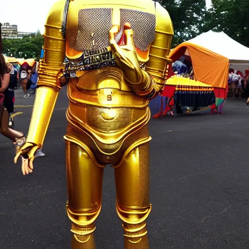 Image similar to c 3 po at a pride festival