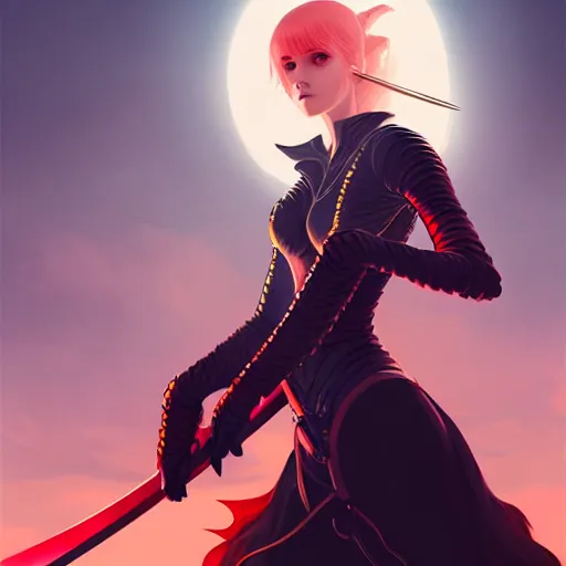 Image similar to a woman holding a sword with a dragon on it, concept art by Ilya Kuvshinov, contest winner, fantasy art, official art, concept art, high detail, experimental, high quality, hyperrealistic, 4k