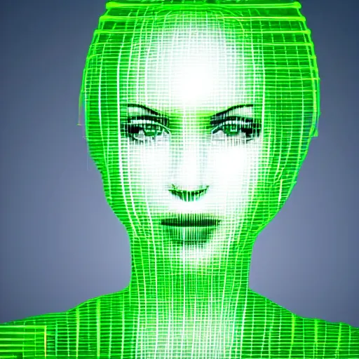 Prompt: computer generated woman made of green vector lines, headshot, dead stare, mouth closed, sci fi, scan lines, crt,