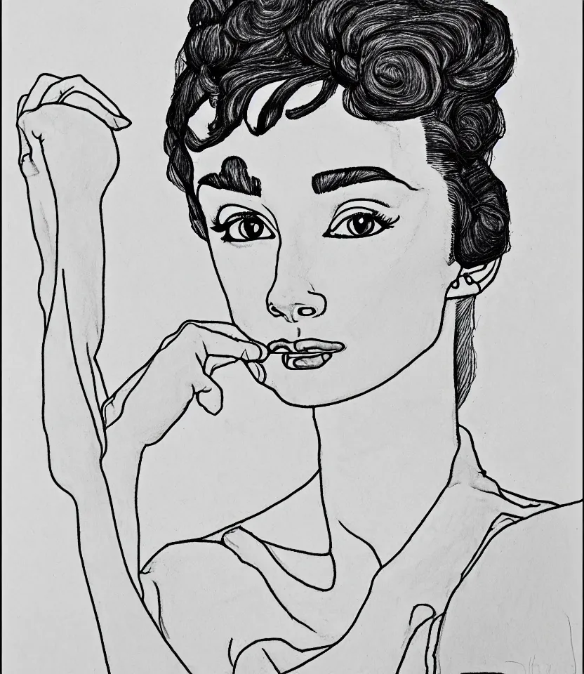 Image similar to detailed line art portrait of audrey hepburn, inspired by egon schiele. contour lines, musicality, twirls, curls, curves, confident personality