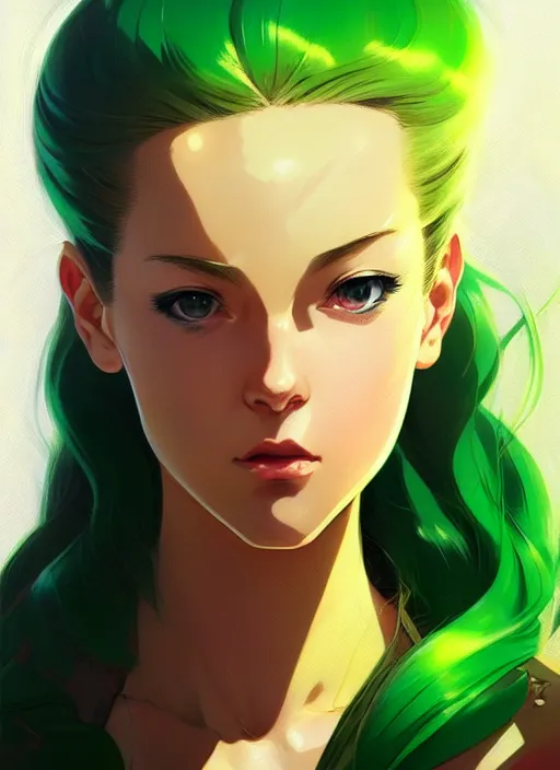 Image similar to a comic portrait of cammy, fine - face, realistic shaded perfect face, fine details. green - ish cosmic setting. very anime style. realistic shaded lighting poster by ilya kuvshinov katsuhiro, magali villeneuve, artgerm, jeremy lipkin and michael garmash, rob rey and kentaro miura style, trending on art station