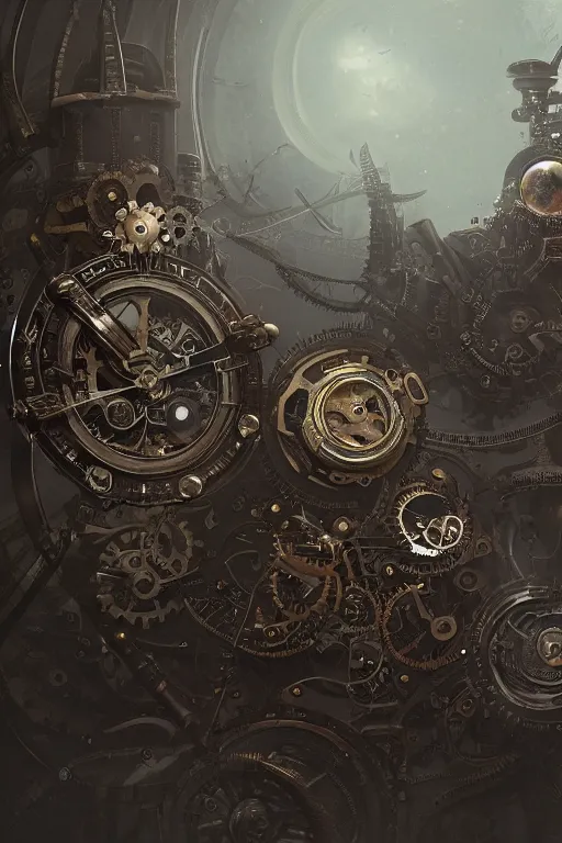 Image similar to a mechanical steampunk style watch by greg rutkowski, sung choi, mitchell mohrhauser, maciej kuciara, johnson ting, maxim verehin, peter konig, bloodborne, 8 k photorealistic, cinematic lighting, hd, high details, dramatic, dark atmosphere, trending on artstation