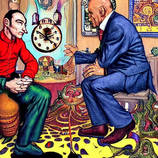 Image similar to Joe Rogan interviewing a psychedelic-DMT, surrealist clock-work Elf, famous painting by R. Crumb and Walt Disney