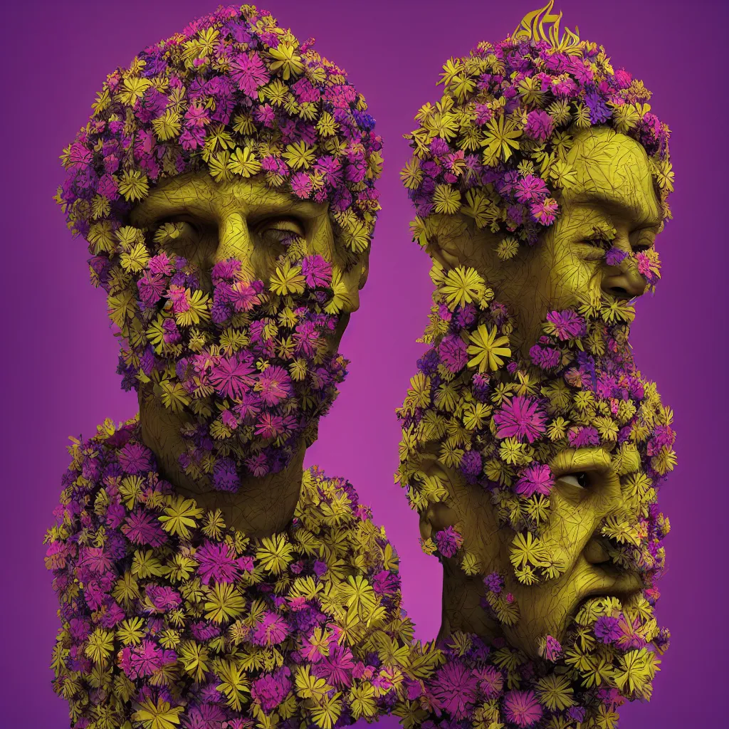 Image similar to a raytraced image of a man with a strange mask on his head, behance contest winner, award winning, masterpiece, pop surrealism, made of flowers, surrealist