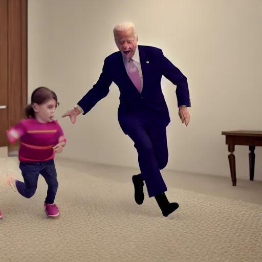 Image similar to joe biden chasing a child in the backrooms, hyper - realistic, 4 k, octane - render, realistic.