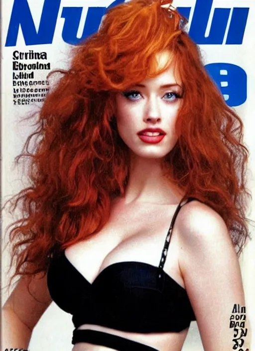 Prompt: christina hendricks and amber heard hybrid on the cover of swimsuit illustrated 1 9 9 0,