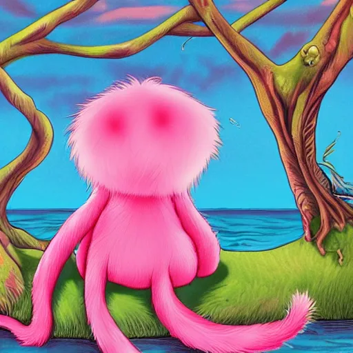 Image similar to dr. seuss sad lonely pretty pink fluffy depressed creature on an island | female | cute but very sad | pity | midnight paintings | intricate detail | bold colors | illustration | lonely barren dreary island | detailed environment