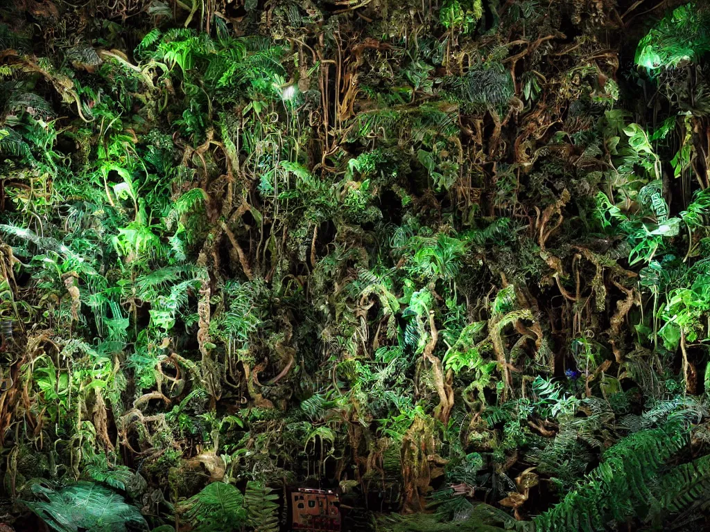 Image similar to a hyper realistic vast and glorious biomech rainforest landscape with ferns and ancient trees made from audio speakers and synthesizer parts and complicated electronic components and intricate wires and pipes:10 | an ovewhelming huge speaker stack pa sound system made from intertwining synthesizers and sound speakers and complex wires and led and intricate circuitry domiates the scene