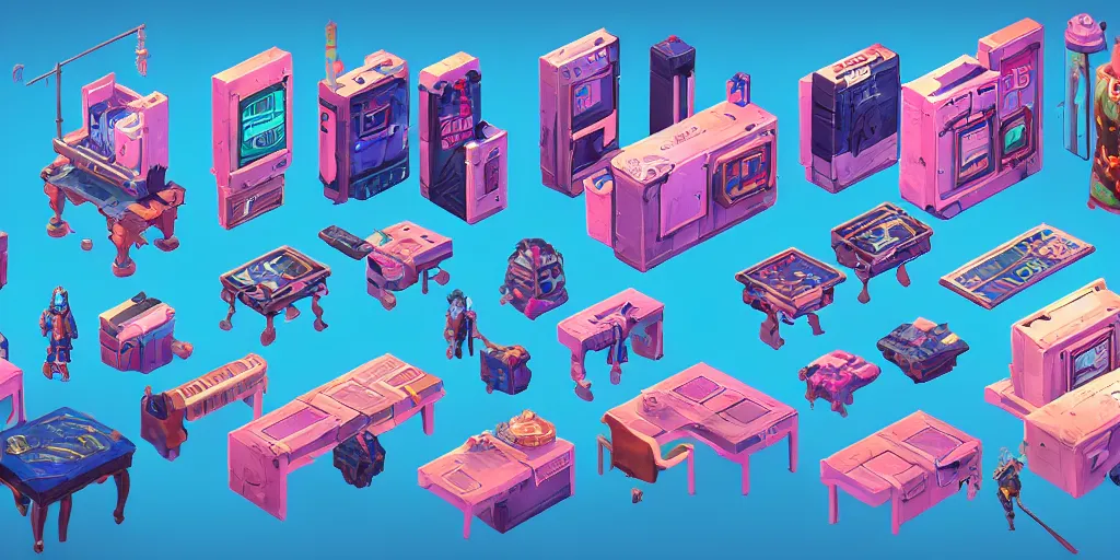 Prompt: game asset of the sims cyberpunk brewery furniture and decor, in gouache detailed paintings, props, stylized, 2 d sprites, kitbash, arcane, blue and pink color scheme, 8 k, close up