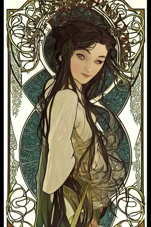 Image similar to A female Sindarin elf in the style of Alphonse Mucha