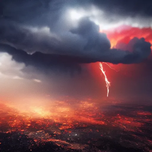 Image similar to running on burning clouds, thunder and fire rain, 4k, post-processing, very very detailed, artstation, cute