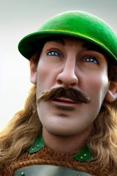 Image similar to very very intricate photorealistic photo of a realistic human version of luigi wearing his hat in an episode of game of thrones, photo is in focus with detailed atmospheric lighting, award - winning details