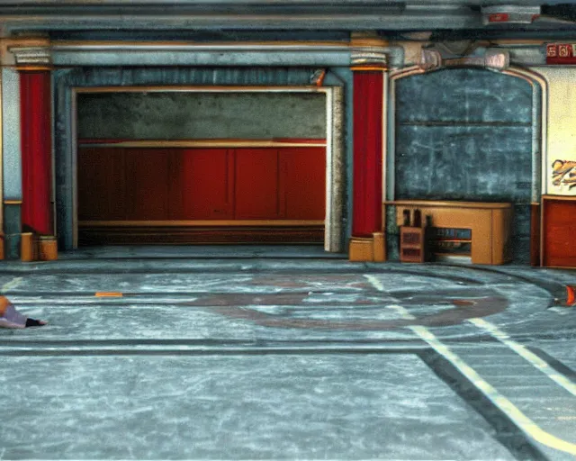 Image similar to a still of empty Ken's stage in Street Fighter 2 in the movie Street Fighter, HDR, high quality, 8k, highly detailed and intricate,