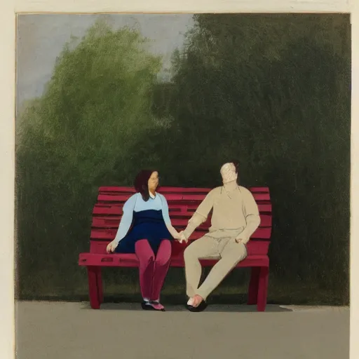 Prompt: a couple sitting on a park bench, lightning