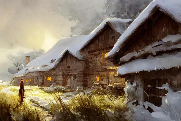 Prompt: paint brush strokes, abstract watercolor painting of rustic village house, interior at winter, medieval straw roof, scandinavian viking age, ambient lantern lighting, art by hans dahl, by jesper ejsing, art by anders zorn, wonderful masterpiece by greg rutkowski, cinematic light, american romanticism by greg manchess, creation by tyler edlin