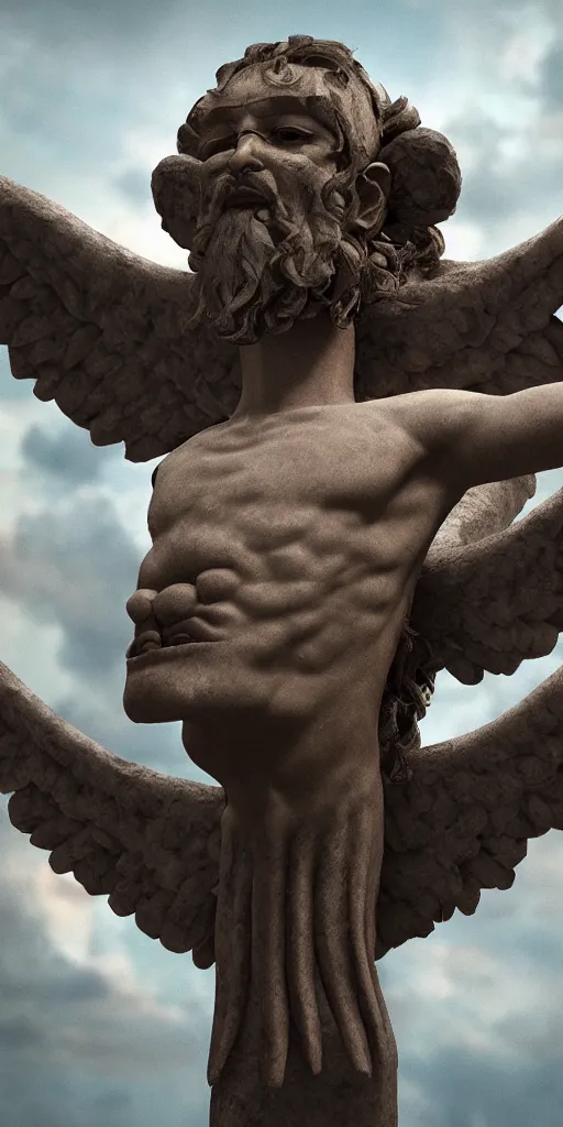 Prompt: enki sumerian god with wings, unreal 5, hyperrealistic, realistic, photorealistic, dynamic lighting, highly detailed, cinematic landscape, studio landscape, studio lighting